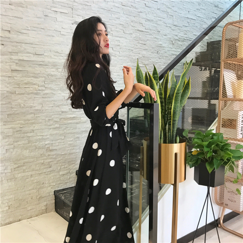 Casual Dresses SuperAen Summer Women's Dress Korean Style Fashion Vneck Ladies Long Dress Casual Half Sleeve Dot Dress Female 221126