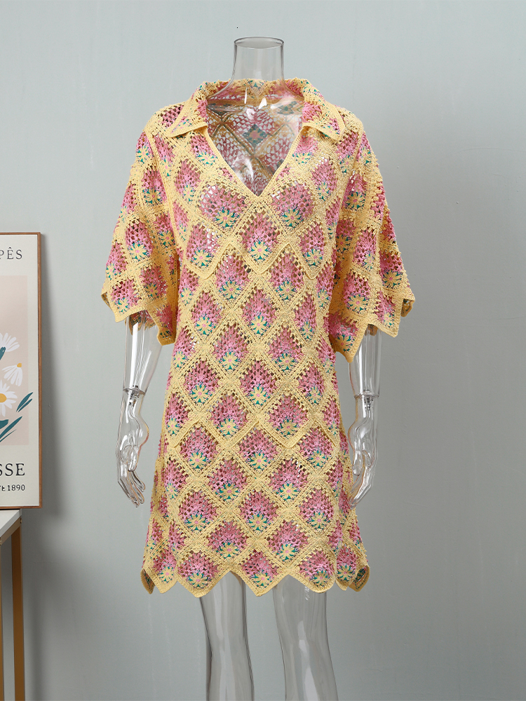 Casual Dresses Women's Openwork Diamond Pattern Crochet Knitted Dress Fashion Embroidery Lapel Mini Knit Robe Elegant Wave Hem Clubwear 221126