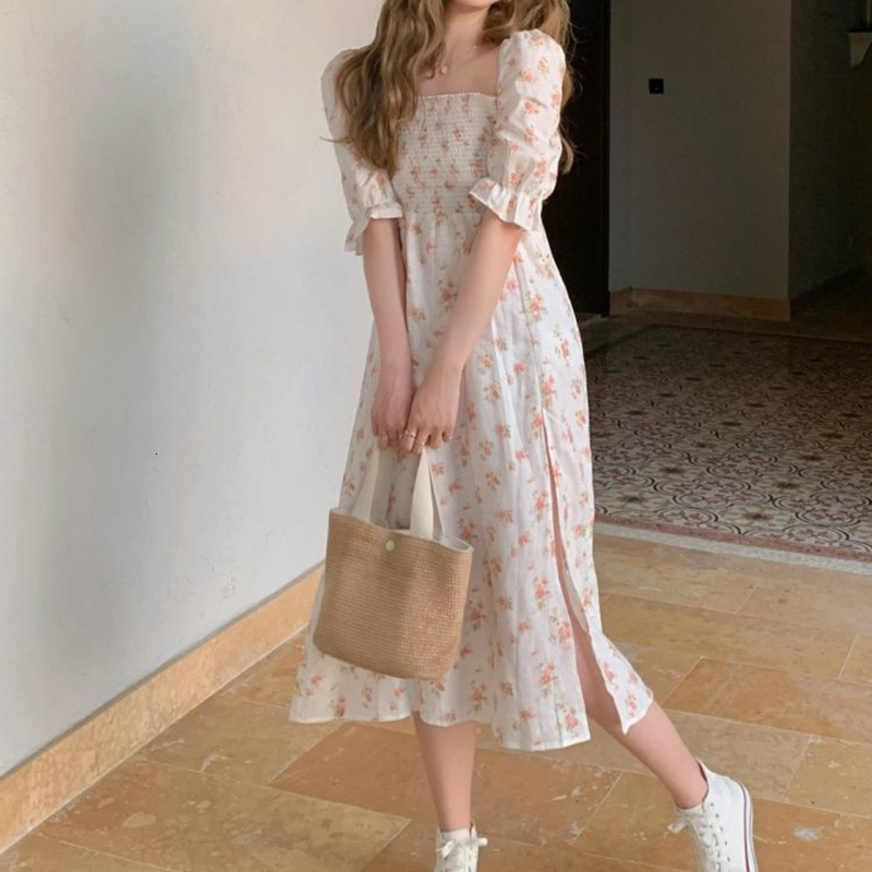 Casual Dresses Square Collar Floral Split Fork Folds Dress Woman's Retro High Waist Slim Midlength Dress Women Fashion Beach Dresses Woman 221126