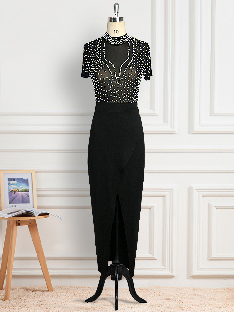 Party Dresses Sexy See Through Bodycon Warp with Bead Transparent Tops Maxi for Women White Black Date Night Clothes 221128