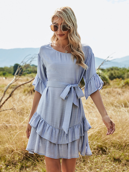 Casual Dresses Solid Boho Ruffle Hem Belted Dresses Women Round Neck Plain Tiered Layer Smock Round Neck Half Flounce Sleeve 221126