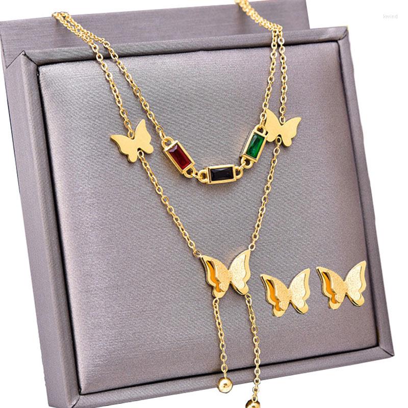 Necklace Earrings Set 316L Stainless Steel Colorful Zircon Double Layer Frosted Butterfly Tassel Pendant Earring Women's Wedding Jewelry, Picture shown
Necklace Earrings Set 316L Stainless Steel Colorful Zircon Double Layer Frosted Butterfly Tassel Pendant Earring Women's Wedding Jewelry, Picture shown