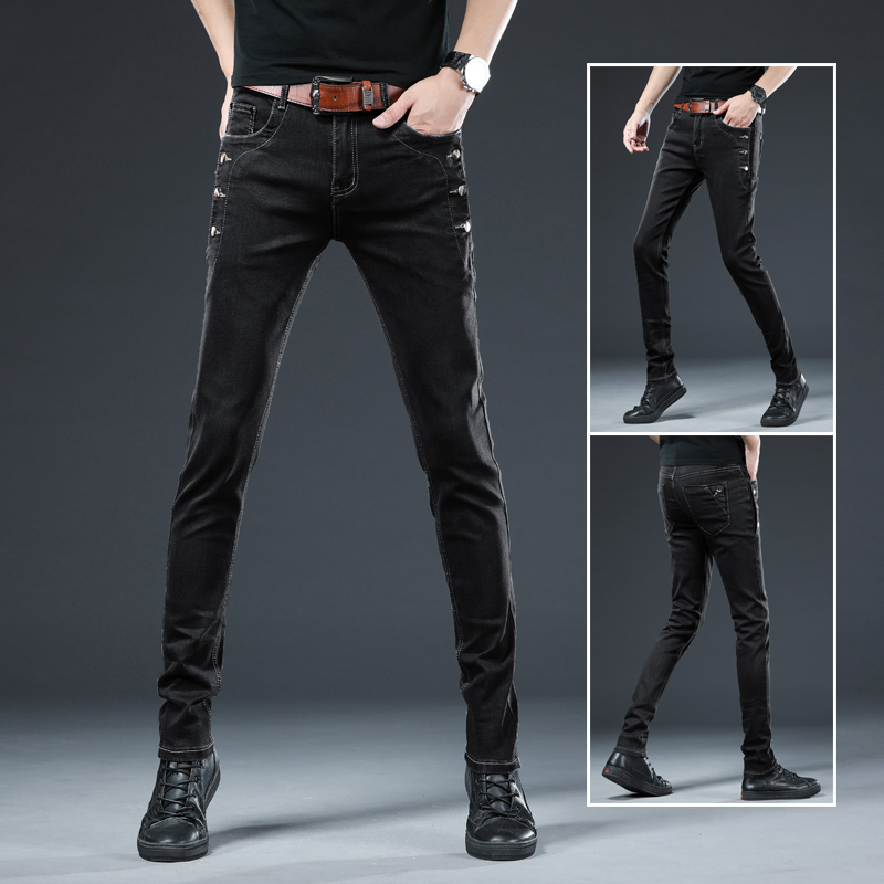 Men's Jeans Trendy Men Clothing Slim Button Black Solid Color Stretch Skateboard Multi-button Youth Male Skinny Denim Pants 221128
