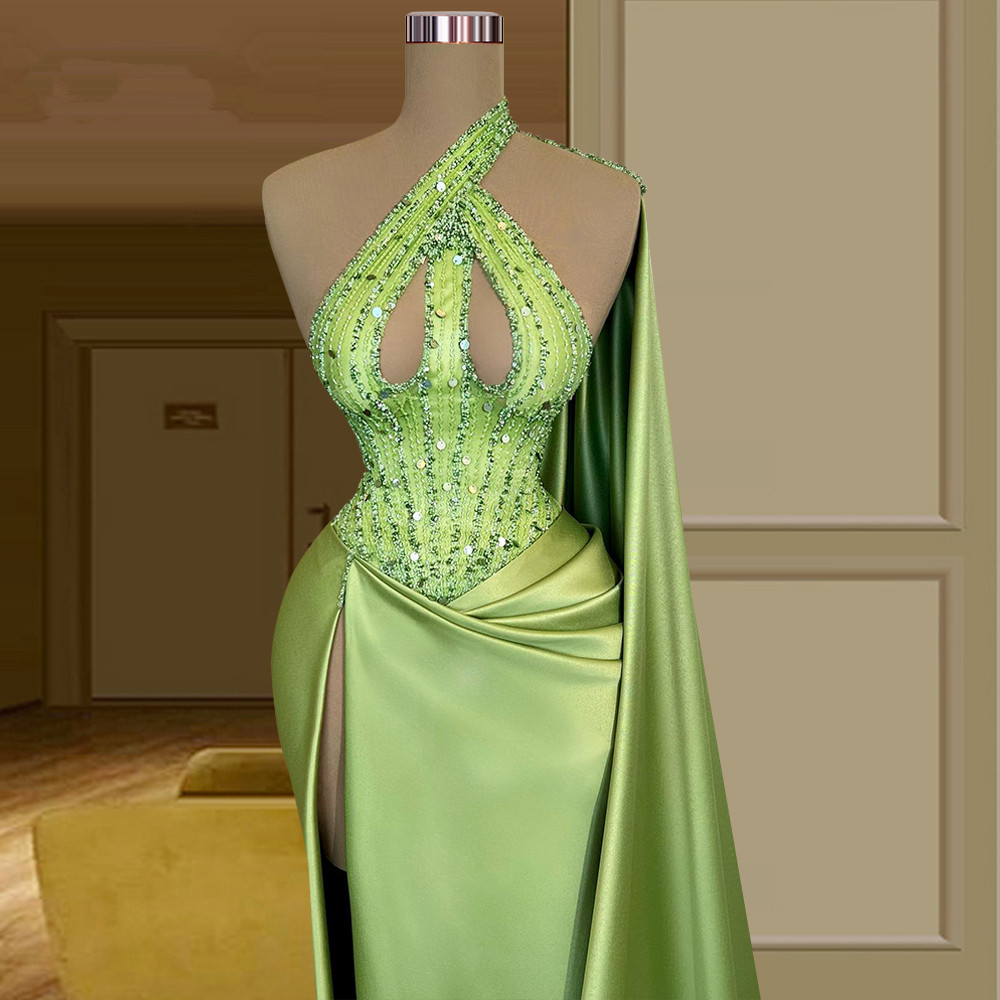 Graceful Satin Mermaid Prom Dresses Beaded with Cap Sleeve Party Dresses High Split Custom Made Evening Dress