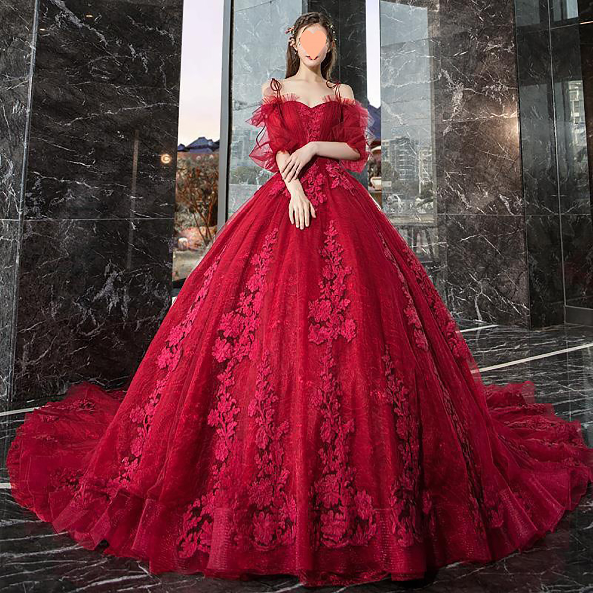 Luxurious Ball Gown Wedding Dresses Short Sleeves Tulle with 3D Floral Flowers Applicant Backless Stain Chapel Court Train Custom Made Vestidos De Nov