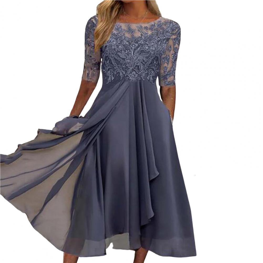 Casual Dresses Bridesmaid Dress Hidden Zipper Midcalf Length Breathable Elegant Crochet Lace Chiffon Patchwork Guest Midi Dress 221126