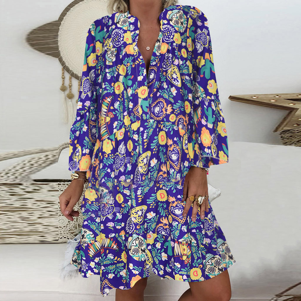Casual Dresses Sexy V Neck Floral Dress Ladies Fashion Flare Sleeve Casual Print Dresses For Women Summer Beach Party Dress Vestidos 221126