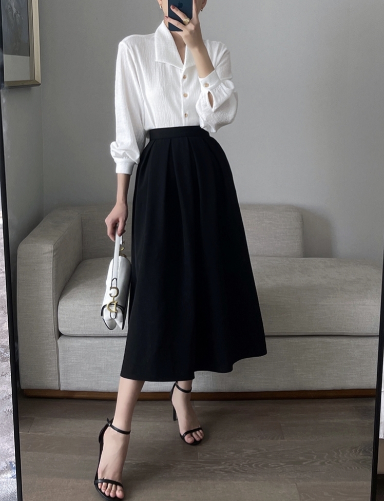 Two Piece Dress Fashionable two-piece women's new mid length skirt High waist Slim A-shaped umbrella lapel Simple long sleeve white shirt, Suit 
Two Piece Dress Fashionable two-piece women's new mid length skirt High waist Slim A-shaped umbrella lapel Simple long sleeve white shirt, Suit