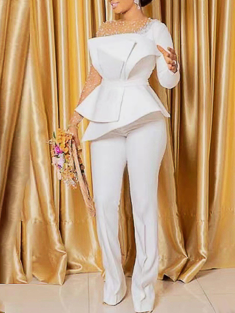 Women's Jumpsuits Rompers Women Elegant Jumpsuit White Beaded Long Sleeve Tunics Straight Wide Leg 1 Piece Outfit for Party Night Birthday Evenin