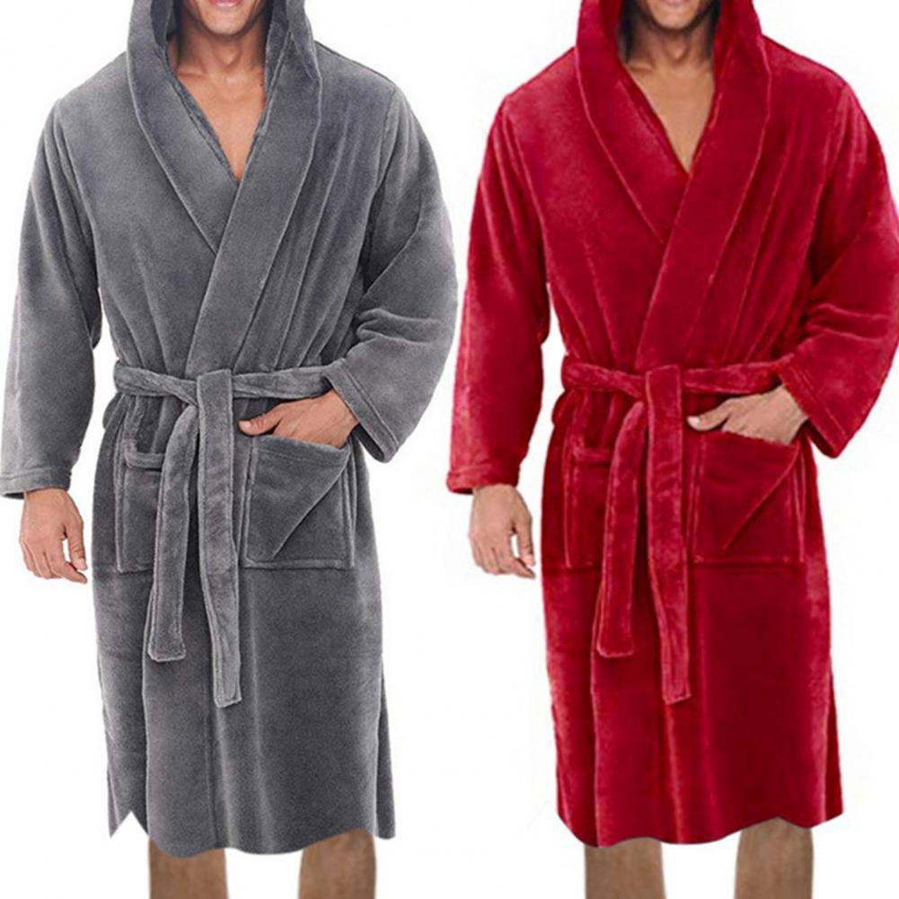 Men's Sleepwear Graceful Bath Robe Autumn Winter Pajamas Solid Color Hooded Pockets Men Plush Comfortable 221124