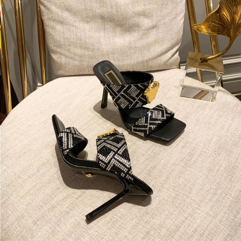JACQUARD printed Stiletto mules high-heeled slippers Medusa F'and'ace heels open toes slip-on slides leather sandals for wome Vdxg