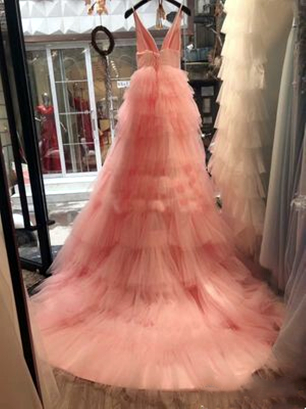 Puffy Tiered Black Tulle Prom Dresses V-Neck Sleeveless Backless Sexy Evening Gowns A-Line Women Engagement Dress Custom Made 2023 Special Occasion We