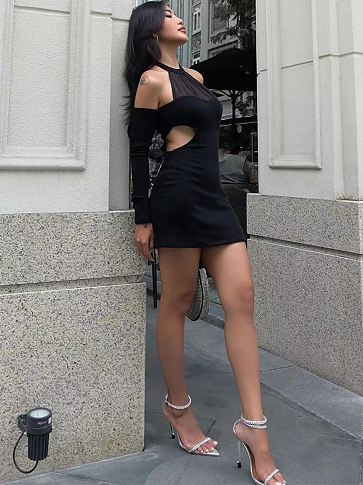 Casual Dresses Articat Women Sexy Cut Out Mini Dress Halter O Neck Mesh Black Long Sleeve Fashion Backless Slim Bodycon Autumn Winter Clubwear 221126