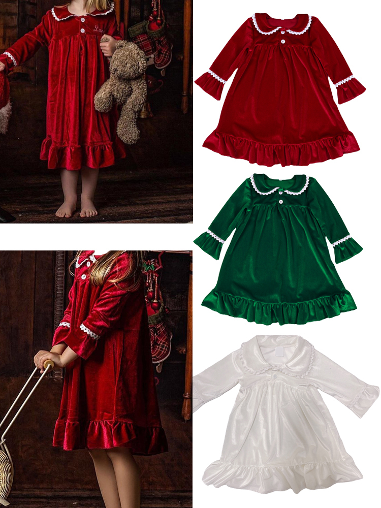 Pajamas Night Dress for kids Girl Christmas Nightdress Velvet Lace Red Green Nightgown Kids Children Nightie Homewear Pyjama 221125