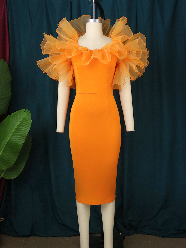 Party Dresses Women Birthday Orange Puff Ruffles Smocked Tulle Neck Midi Dress African Ladies Elegant Date Out Event Clothes 221128