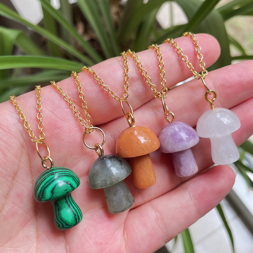 Natural Stone Carving Mushroom Shape Pendant Reiki Healing Crystal Aventurine Rose Quartz Amethyst Agate opal Necklace For Women Jewelry