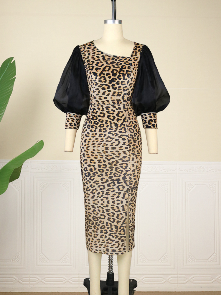 Party Dresses Elegant Women Midi Color Block Cheetah Print Long Sleeve Slit Bodycon Velvet Dress Fall Office Business Club Wear 221128