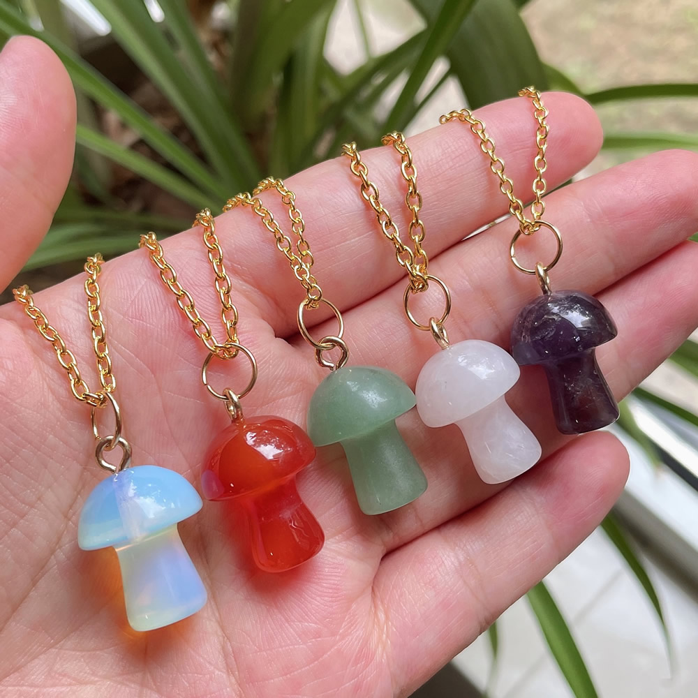 Natural Stone Carving Mushroom Shape Pendant Reiki Healing Crystal Aventurine Rose Quartz Amethyst Agate opal Necklace For Women Jewelry