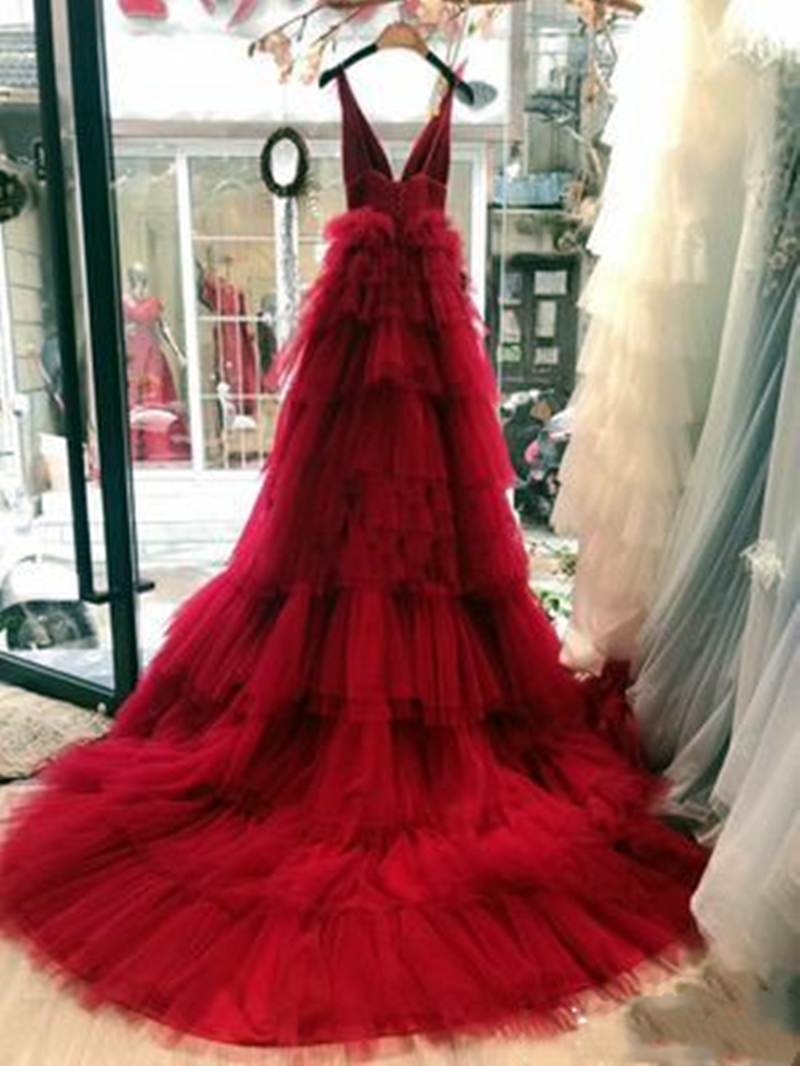 Puffy Tiered Black Tulle Prom Dresses V-Neck Sleeveless Backless Sexy Evening Gowns A-Line Women Engagement Dress Custom Made 2023 Special Occasion We