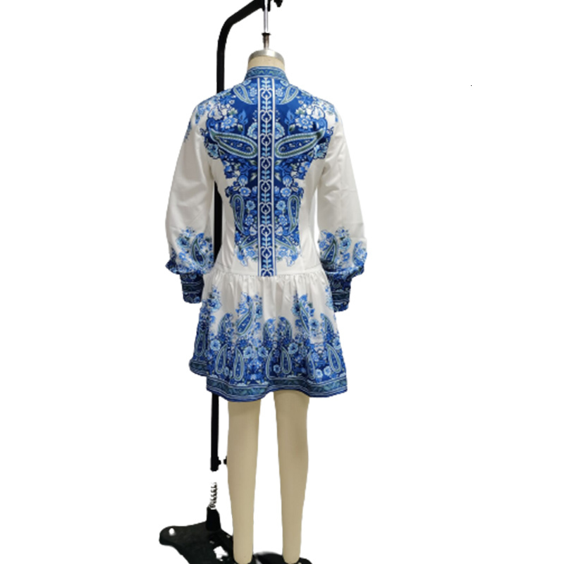 Casual Dresses Summer Women Casual Beach Wear Elegant Turndown Collar Blue Dress Paisley Print Buttoned Long Sleeve Mini Shirt Dress 221126