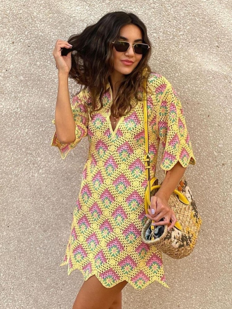 Casual Dresses Women's Openwork Diamond Pattern Crochet Knitted Dress Fashion Embroidery Lapel Mini Knit Robe Elegant Wave Hem Clubwear 221126