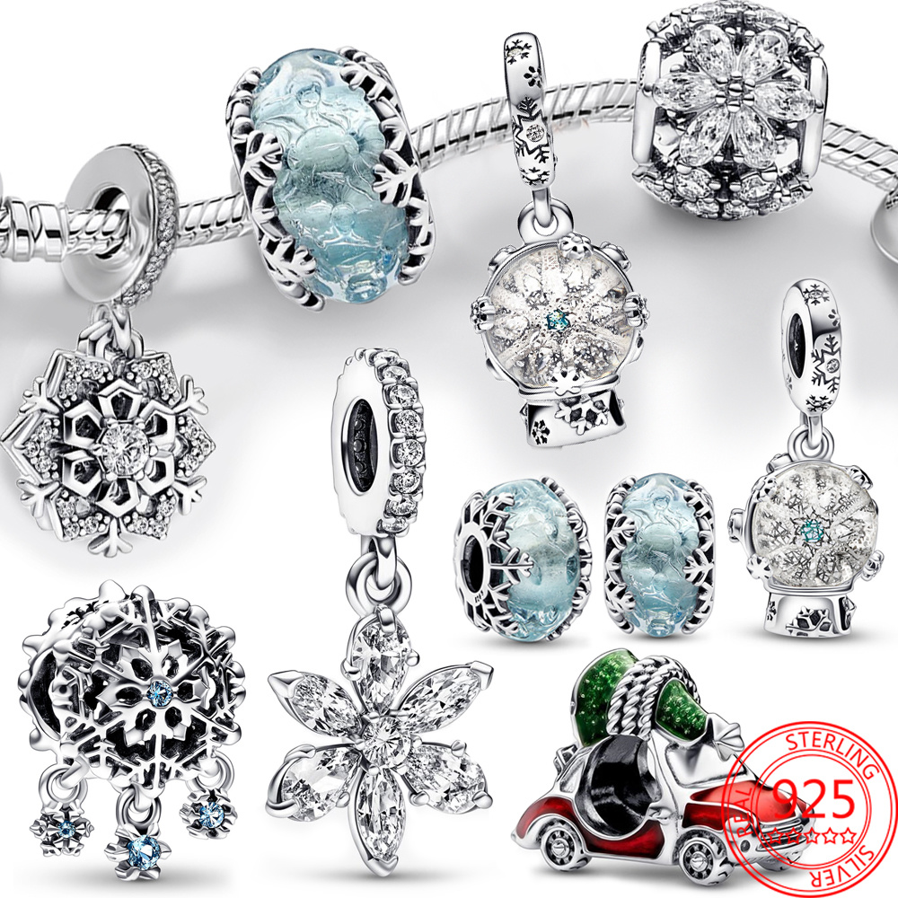 The New Popular 925 Sterling Silver Winter Series Snowflake Charm Blue Glass Beads Suitable for Bracelet Girl Christmas Gift