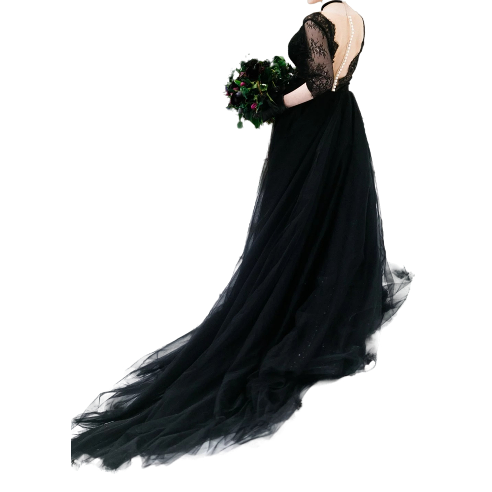 Black Gothic Wedding Gowns V-Neck Sheer Back A-Line Half Sleeve Country Bridal Dresses Lace Appliques Court Train Vintage Boho Beach Vestidos De Novia