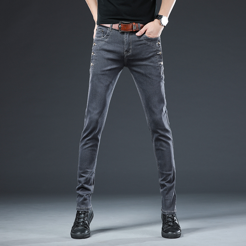 Men's Jeans Trendy Men Clothing Slim Button Black Solid Color Stretch Skateboard Multi-button Youth Male Skinny Denim Pants 221128