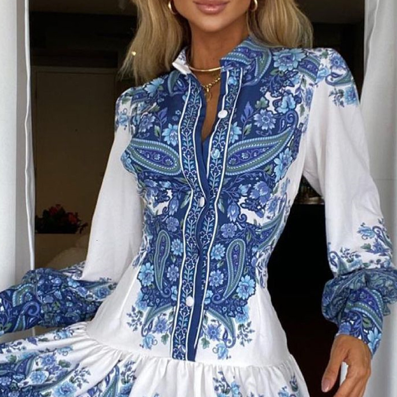 Casual Dresses Summer Women Casual Beach Wear Elegant Turndown Collar Blue Dress Paisley Print Buttoned Long Sleeve Mini Shirt Dress 221126