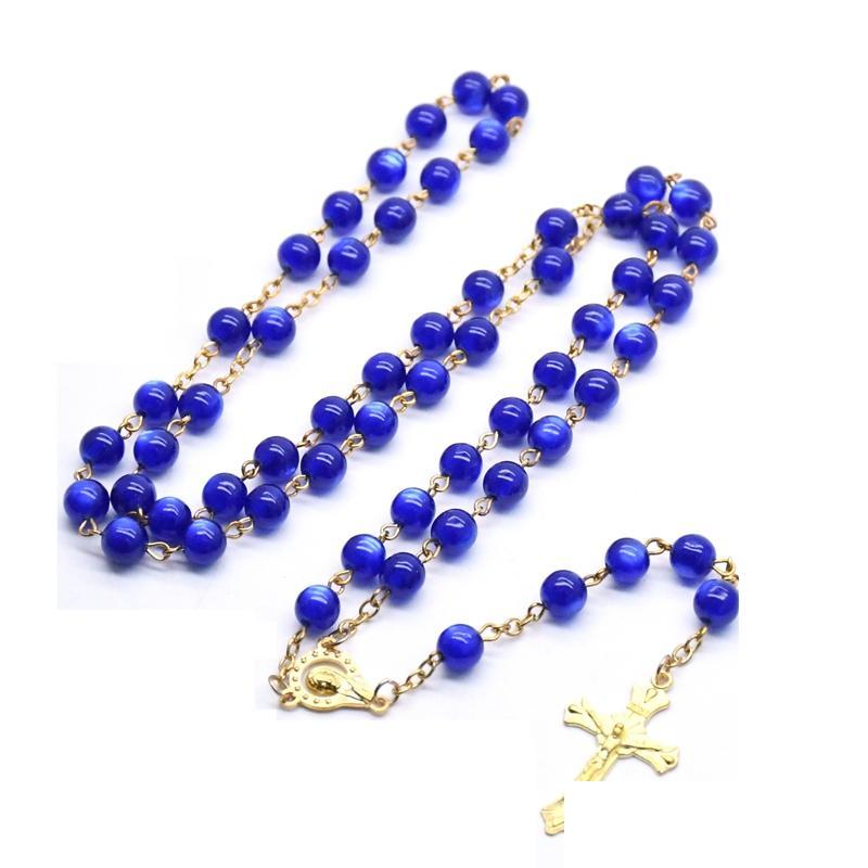 Religious Blue Resin Beaded Rosary Pendant Necklaces Gold Color Jesus Cross Charm Prayer Christian Jewelry Gifts For Men Women Drop Shipping Bijoux Wh