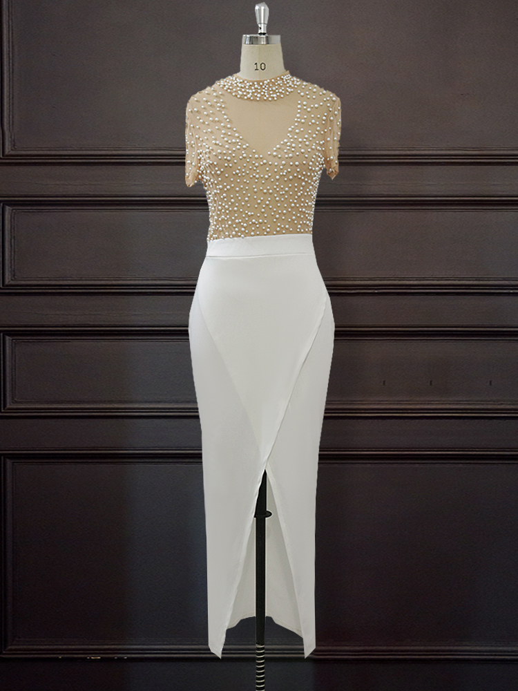 Party Dresses Sexy See Through Bodycon Warp with Bead Transparent Tops Maxi for Women White Black Date Night Clothes 221128