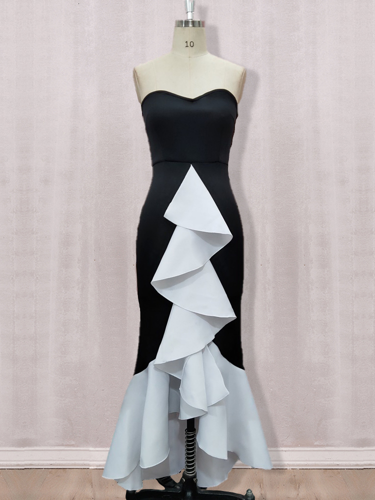 Party Dresses Sexy Ruffle Contrast Black White Women Long Dress Color Tight Elegant Evening Maxi Bodycon Celebrate Dinner Robe 221128