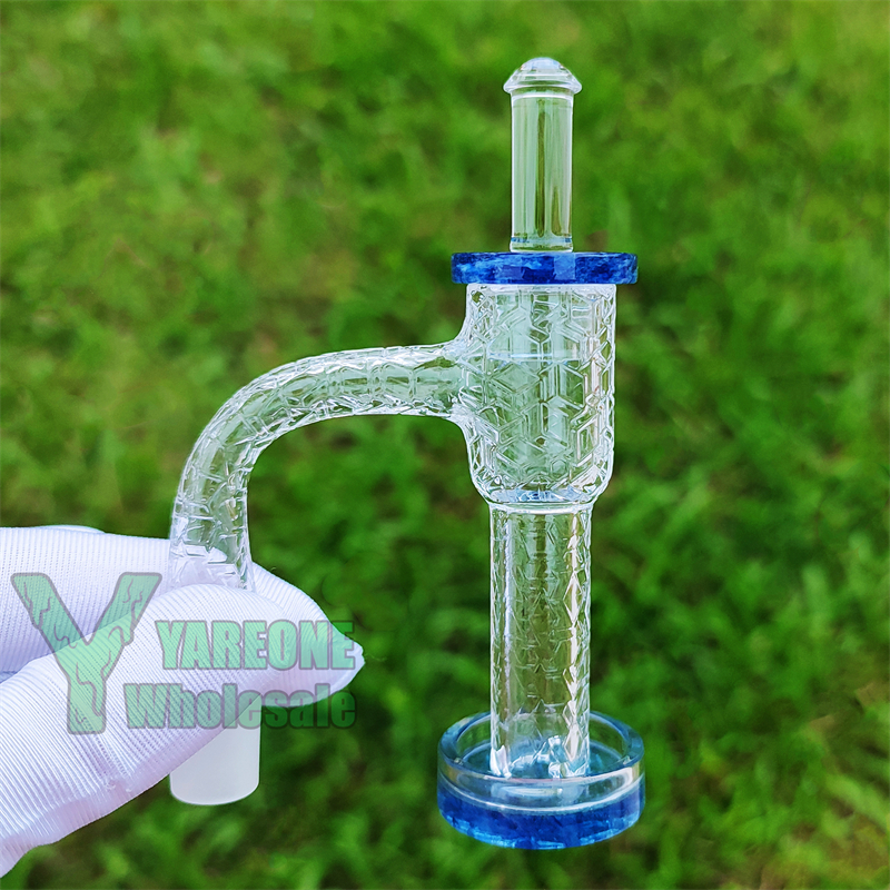 Engraved Long Barrel XL Terp Slurper Set Smoking 3D Cubes Etched Blue Quartz Banger Slurp Full Weld Beveled Edge with Carb Cap & Terp Pillar 10mm 14mm 18mm Male Dab Nail