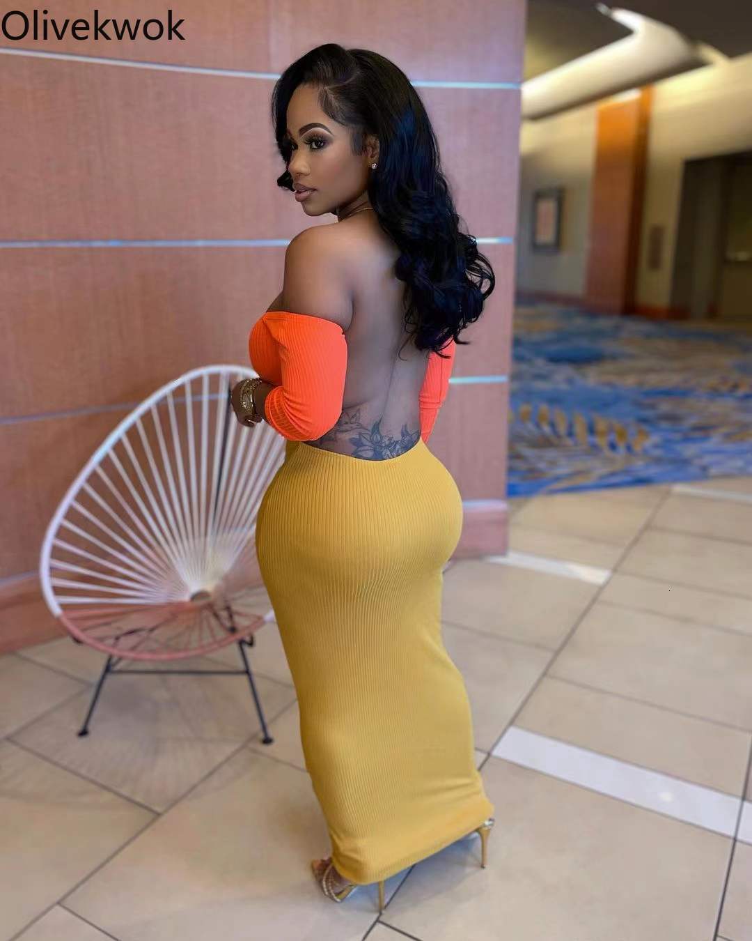 Casual Dresses Olivekwok Ribbed Contrast Color Women Dress Patchwork Fashion Solid Maxi Dresses for Female Sexy Backless Slash Neck Night Club 221126