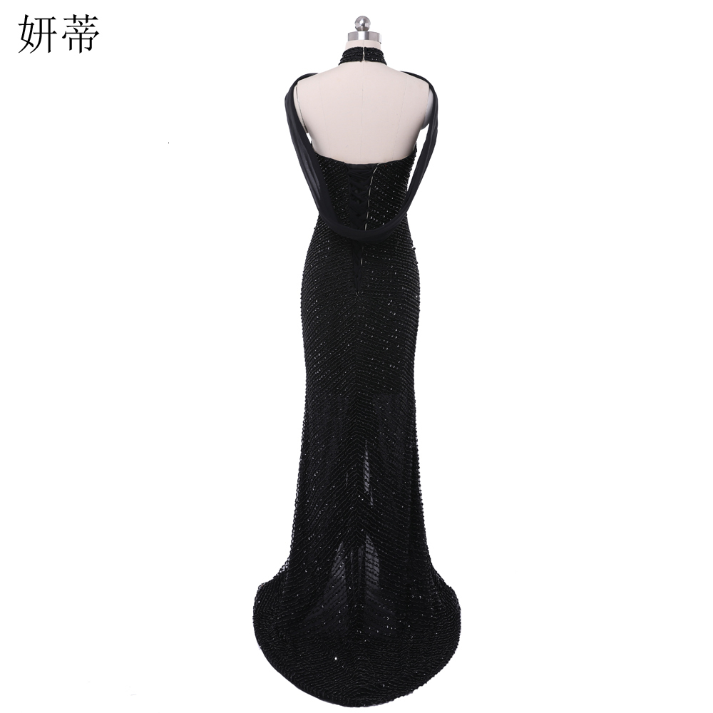 Party Dresses Elegant Black Open Back Chiffon Mermaid Prom Halter Neck Beading Sequin Off The Shoulder Sleeveless Evening Dress 221128