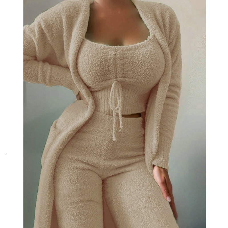 Women's Two Piece Pants Autumn Winter Soft Fluffy Three Piece Sets Women Sexy Off Shoulder Crop Tops And Long Pants Homesuit Casual Ladies 3 Piec