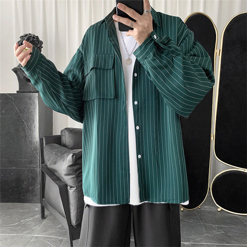 Men s Casual Shirts Striped Jacket Men Women Hong Kong Style Japanese Oversize Trend Black Unisex Gothic Long Sleeved Autumn Tops 221128