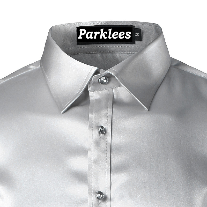 Men s Casual Shirts Silk Satin Smooth Solid Tuxedo Business Chemise Homme Slim Fit Shiny Gold Wedding Dress 221128