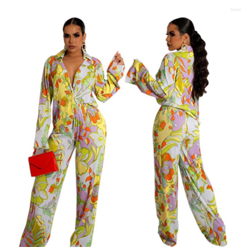 Women's Two Piece Pants Women 2 Pieces Sets Fashion Printed Shirts Casual Long Blouse & Trousers Elegant Sexy Matching