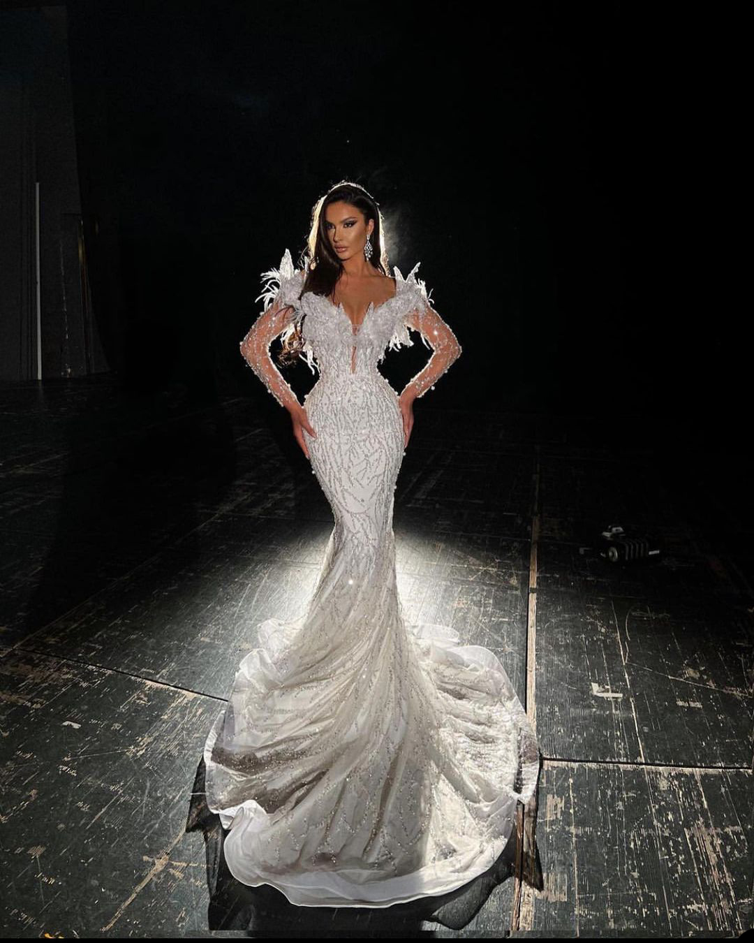 Glamorous Mermaid Wedding Dresses Transparent Bateau Shining Beaded Applicant Long Sleeves with Feather Court Gown Custom Made Plus Size Vestidos De N