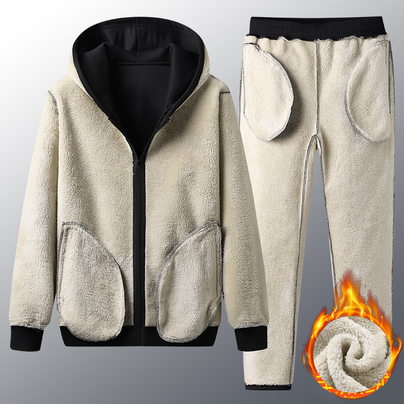 Men's Tracksuits Winter Two Pieces Set Warm Cashmere Tracksuit Men Outerwear Thick Fleece Casual Mens Soild Color Jacket Pants 221128