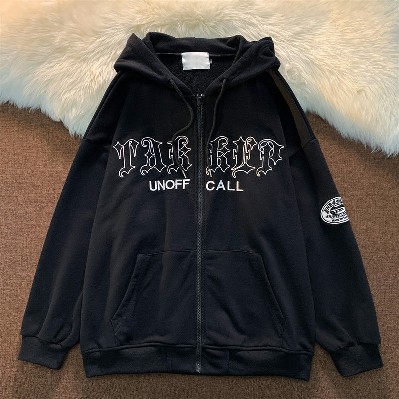 Women's Hoodies Sweatshirts Letter Embroidery Women Harajuku Long Sleeve Zip Up Vintage Punk Loose Hooded Jackets Streetwear Y2K Clothes 221129