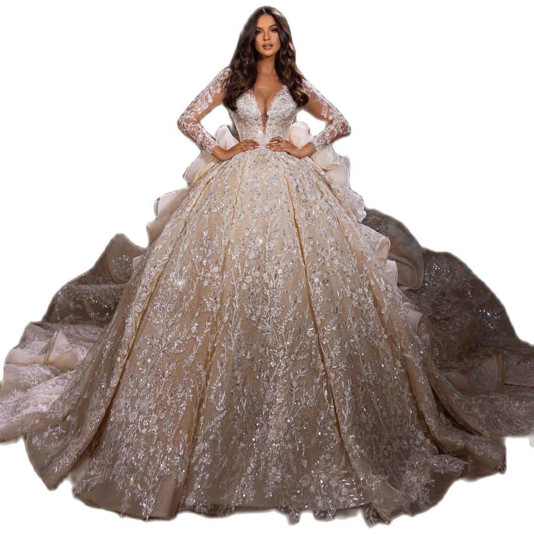 Exquisite V Neck Wedding Ball Gown Full Length Ruffles Marriage Dress Shiny Sequins Lace Beads Aso Ebi Bridal Gowns Arabic Dubai