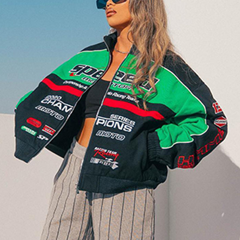 Wo Fashion Women's Racing Jacket Coat Red Printed Zipper Long Sleeve Vintage Sport Style Bomber Winter Top Clothes 221129