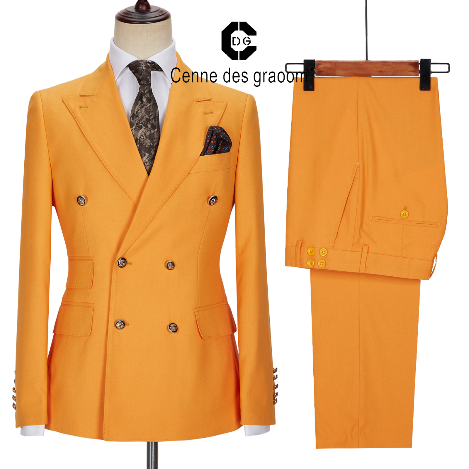 Men's Suits Blazers Cenne Des Graoom Men Winter Jackets Double Breasted Tailor-Made 2 Pieces Gold Button Blazer Pant Wedding Costume Homme 221128
