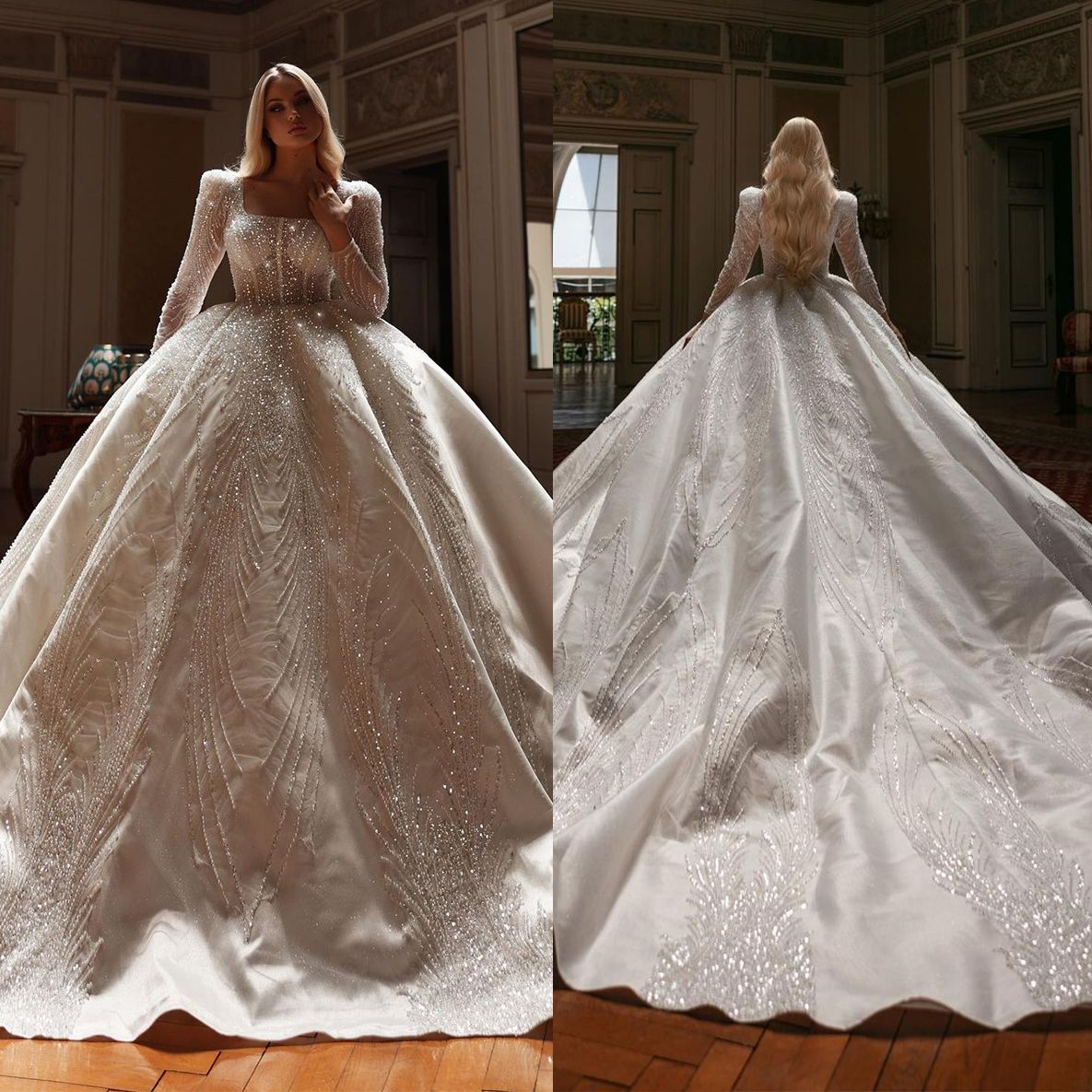 Exquisite Sparking Beads Wedding Dress Ball Gown Custom Made Shiny Illusion Sequins Lace Church Bridal Dresses