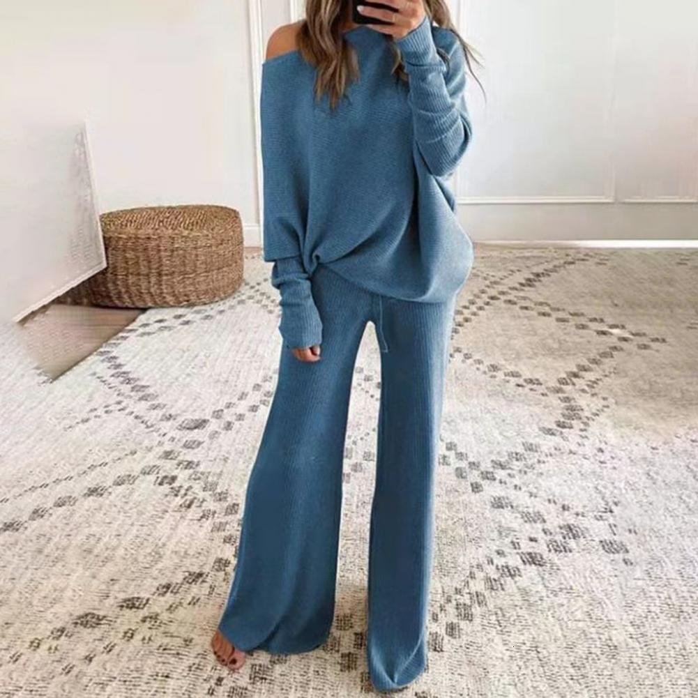 Women's Two Piece Pants 2pcs Autumn Winter Pant Suits Outfits Knitted Pullover Top Wide Leg Twopiece Set Tracksuits 221129