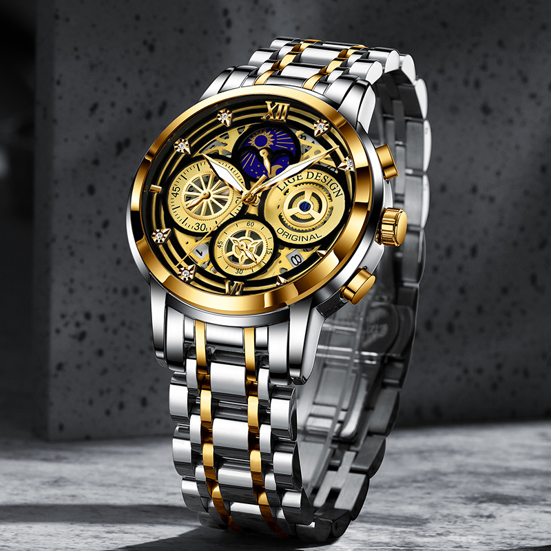 Wristwatches LIGE Fashion Men Watch Calendar Stainless Steel Top Brand Luxury Sports Chronograph Quartz Relogio Masculino Box 221128