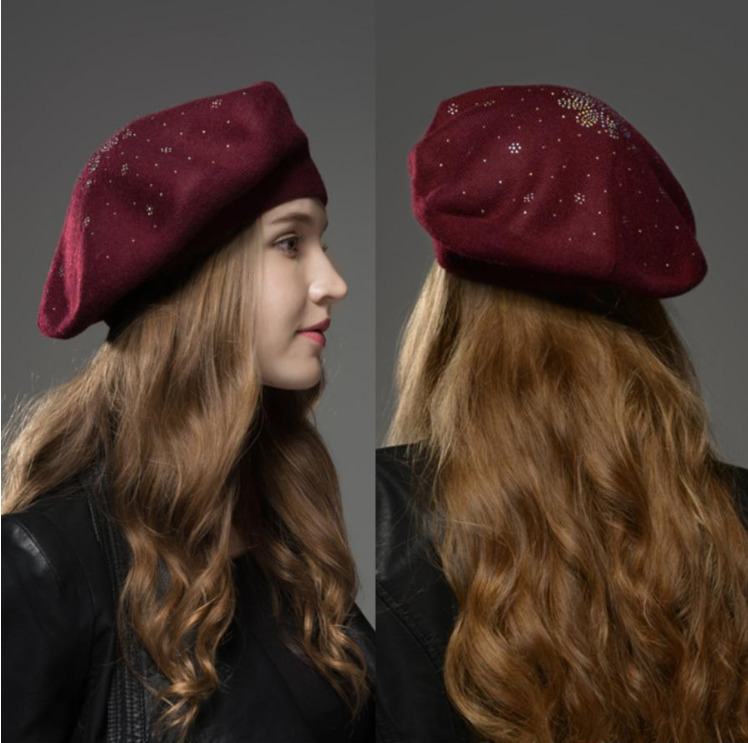 Berets Womens Hat Fashion Solid Color Wool Knitted With Rhinestones Ladies Beanie Beret Black wine red cap female 221129