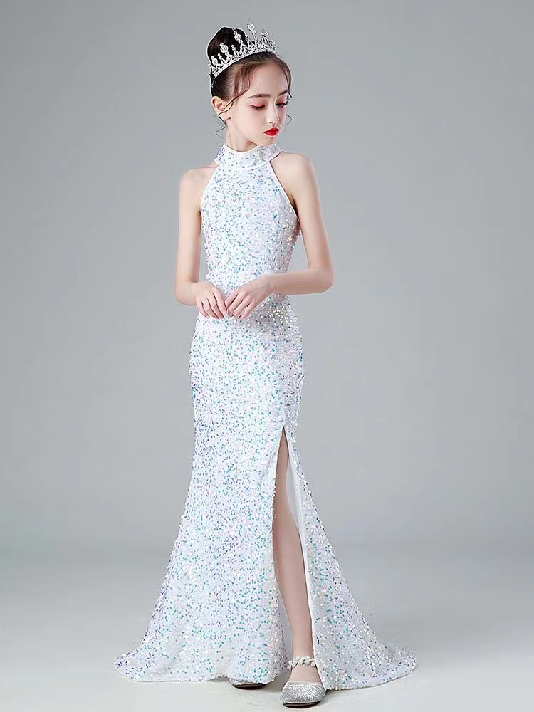 Flower Girls Dresses Sheer Hang Neck Hand Made Flowers Kids Formal Wear Sequined Girl Mermaid Dress For Wedding 403